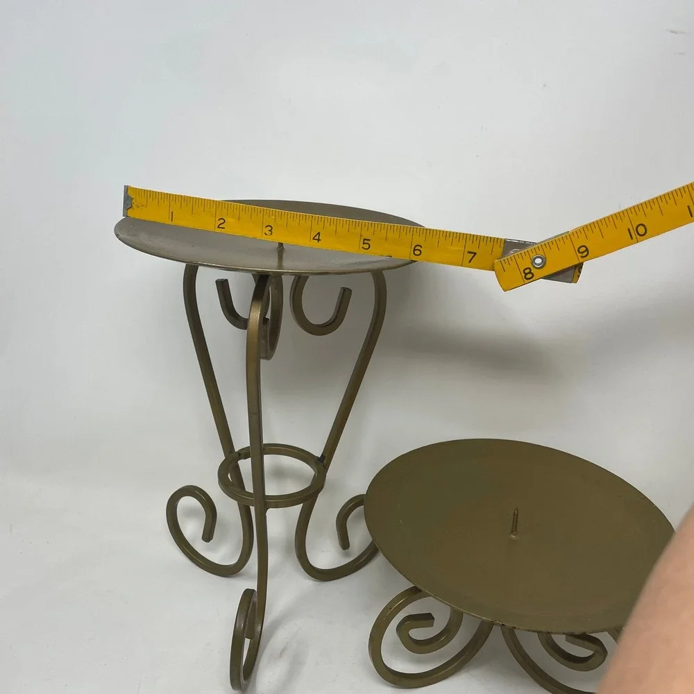 Vintage Gold Wrought Iron Pillar Candle Holder Set Scroll Tripod Base 2 Piece